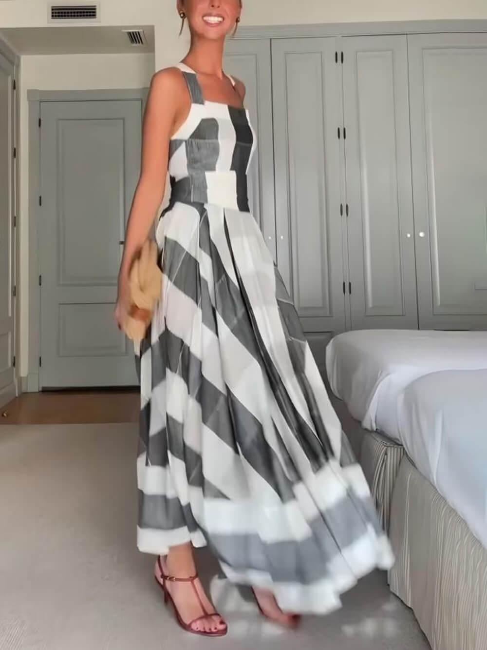 Aurohaya Classic Casual Plaid Print Pleated A-Line Maxi Dress