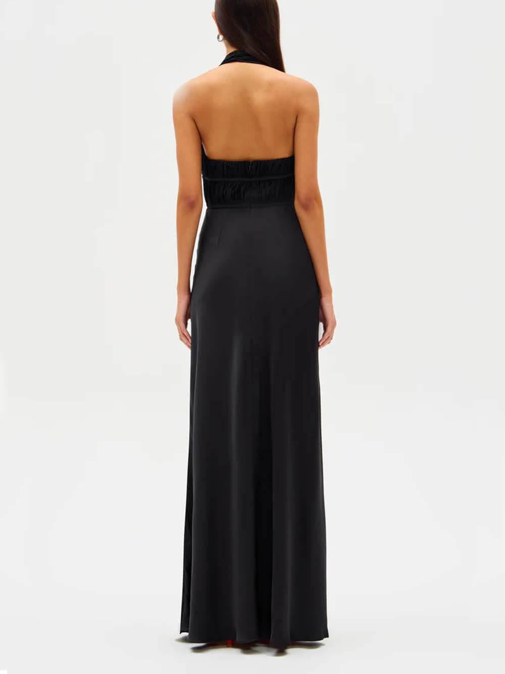Aurohaya Elegant Mesh Ruched Satin Backless Maxi Dress