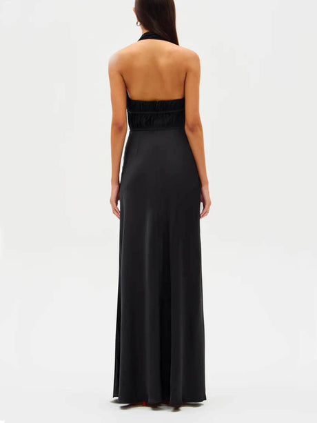 Aurohaya Elegant Mesh Ruched Satin Backless Maxi Dress