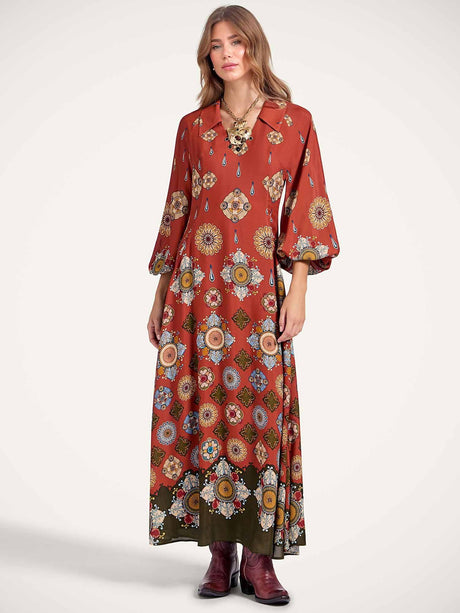 Aurohaya Elegant Satin Printed Shirt Collar Long Sleeve Maxi Dress