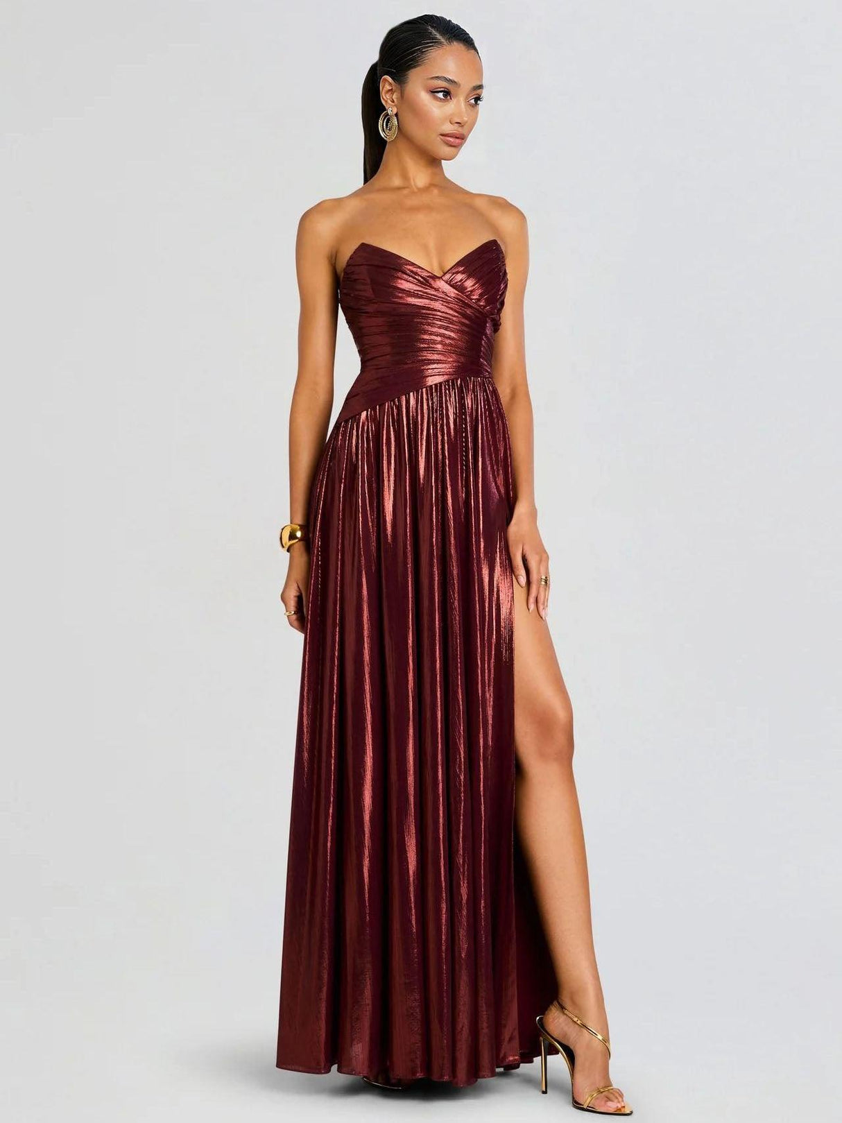 Aurohaya Elegant Strapless Metallic Pleated Floor-length Maxi Dress