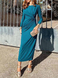 Elegant Crew Neck Pleated Wrap Hem Maxi Dress