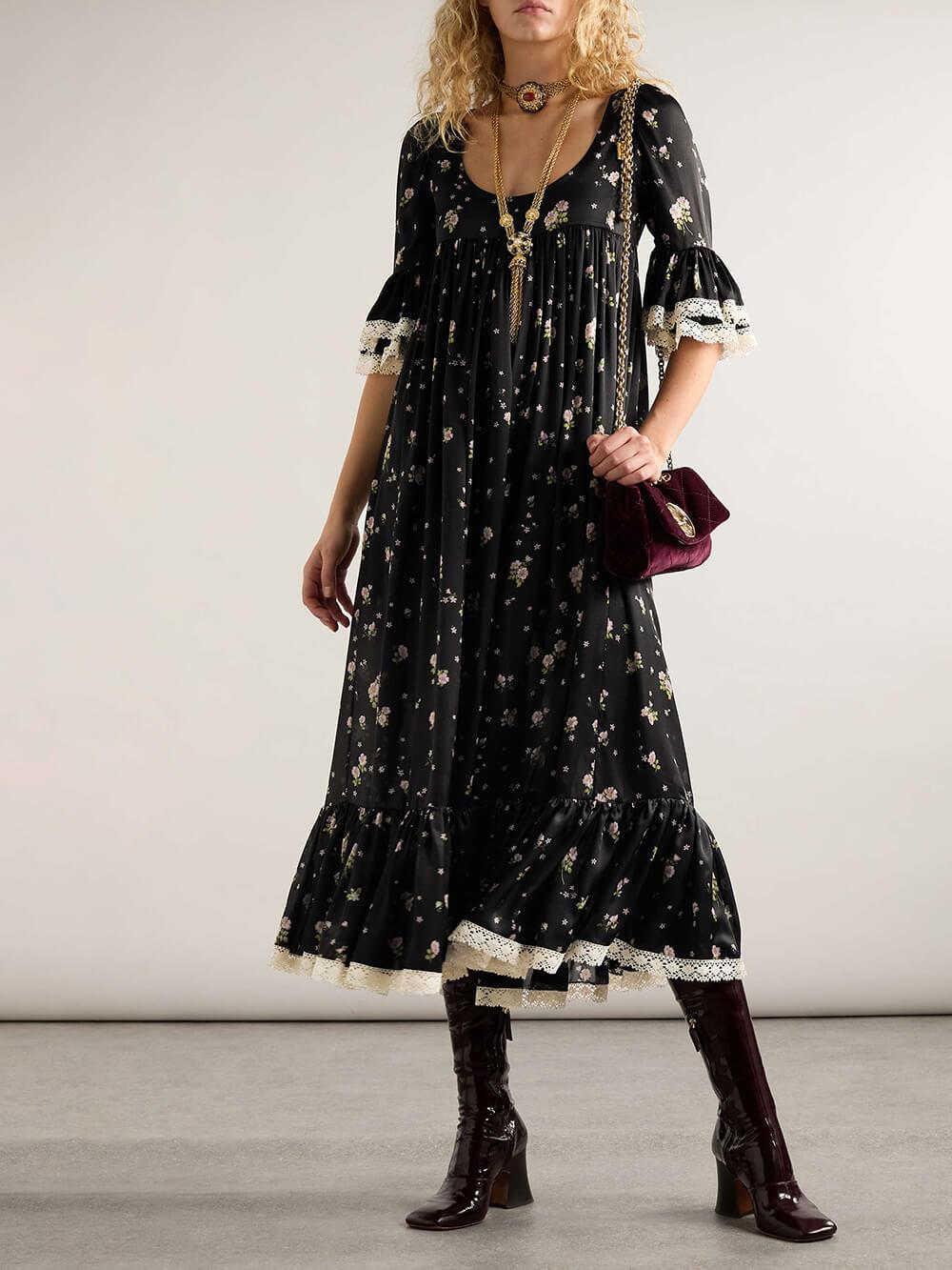 Aurohaya Retro Lace-Trimmed Ruffled Floral Print Midi Dress Black