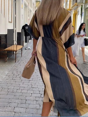 Aurohaya Elegant Irregular Stripe Print Pleated Maxi Dress
