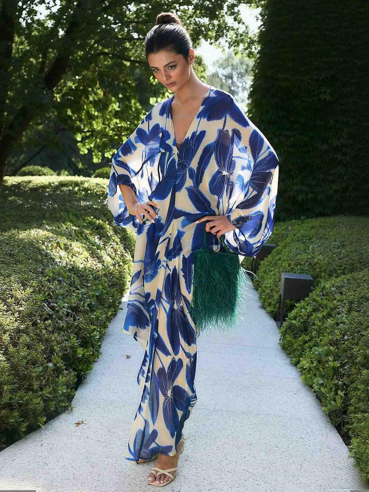 Aurohaya Elegant Oversized Floral Print Batwing Sleeve Chiffon Maxi Dress