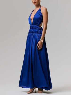 Aurohaya Exquisite Halterneck Lace-up Deep V-neck Satin Maxi Dress