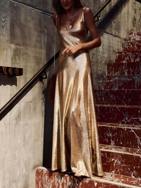 Aurohaya Elegant U-Neck Slit Maxi Dress