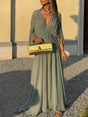 Aurohaya Beautifully Pleated Draped V-Neck Batwing Sleeve Maxi Dress Green
