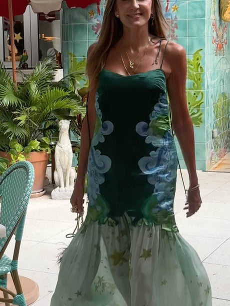 Aurohaya Unique Floral Print Color-block Pleated Maxi Dress