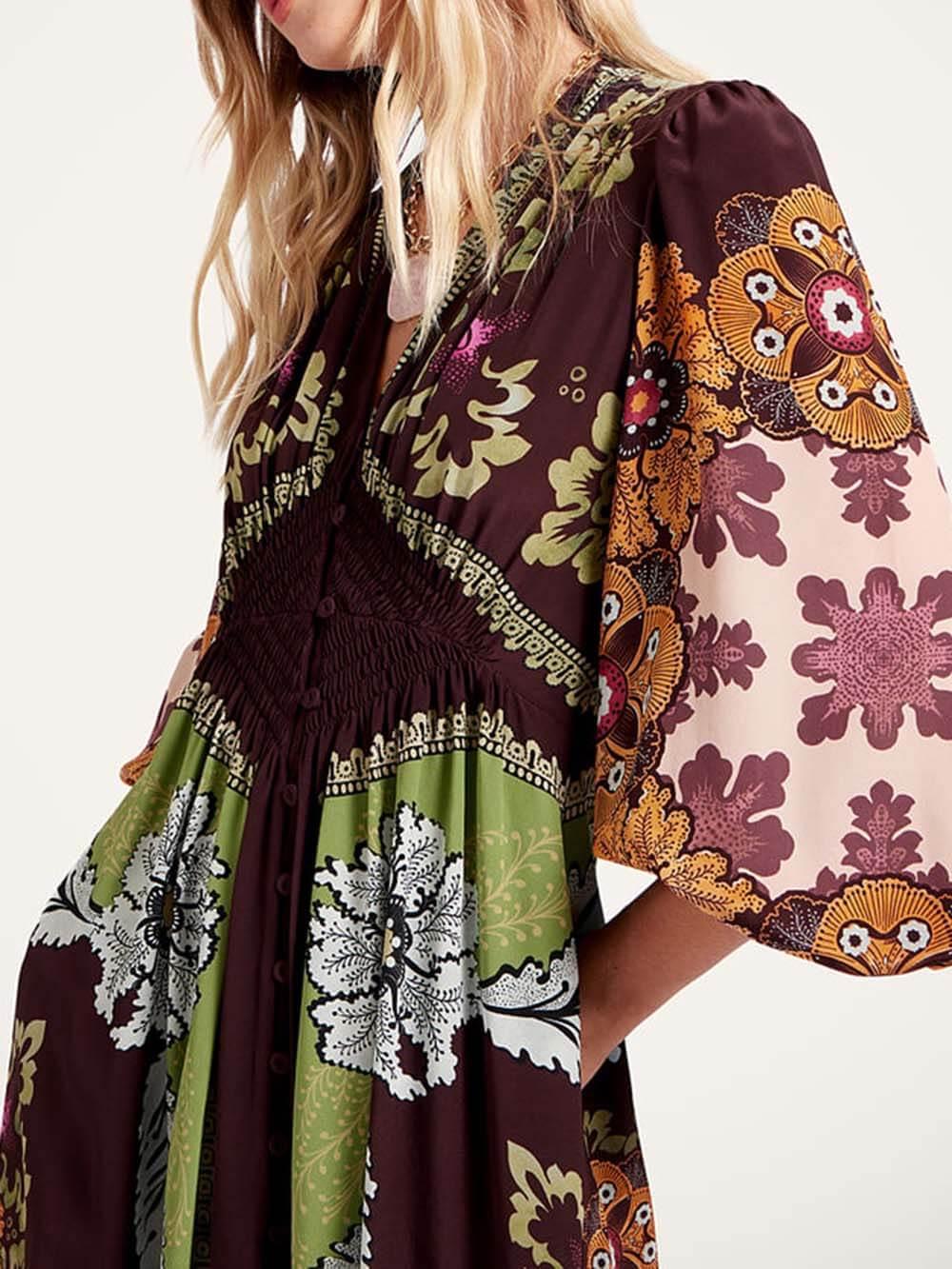 Aurohaya Unique Floral Print V-Neck Maxi Dress