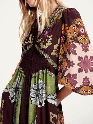 Aurohaya Unique Floral Print V-Neck Maxi Dress