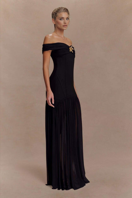 Aurohaya Elegant Floral-Embellished Strapless Bodycon Maxi Dress Black