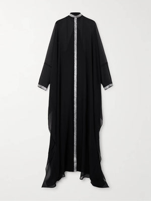 Aurohaya Elegant High-neck Silver-printed Loose Robe Chiffon Dress