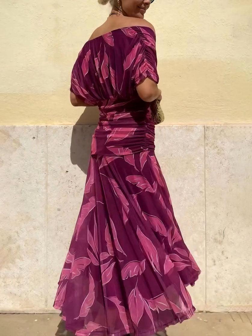 Aurohaya Elegant Off-Shoulder Ruched Leaf Print Maxi Dress