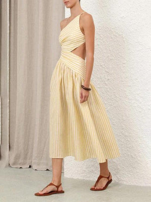 Aurohaya Exquisite Casual Hollow Pleated Striped Print Midi Dress