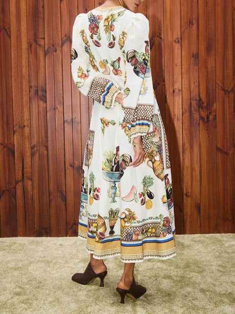 Aurohaya Casual Island Bloom Tropical Fruit Patchwork A-Line Maxi Dress