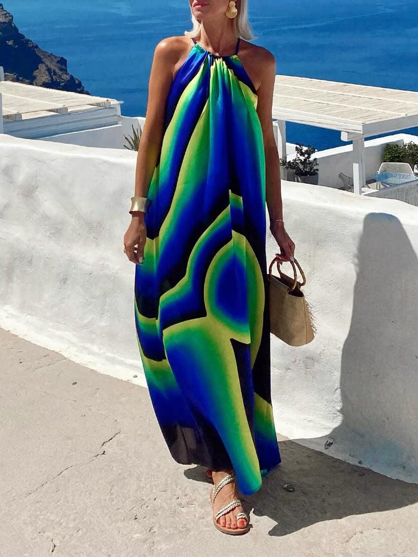 Aurohaya Unique Abstract Swirl Print Halterneck Maxi Dress