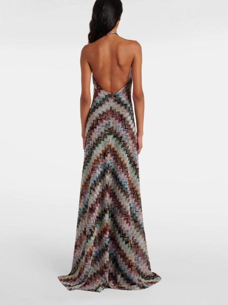 Aurohaya Casual Colorful Striped Knit Halter Neck Maxi Dress
