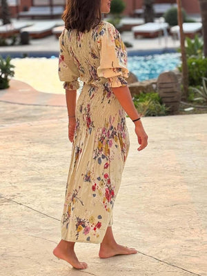 Aurohaya Elegant Crinkled Floral Print Puff Sleeve Maxi Dress