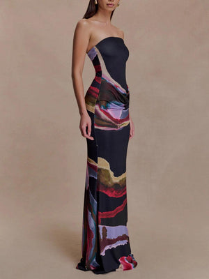 Aurohaya Exquisite Strapless Abstract Print Bodycon Maxi Dress