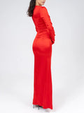 Elegant Twisted Satin Long Sleeve Cutout Maxi Dress