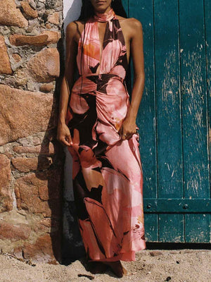 Aurohaya Elegant Halterneck Retro Floral Print Maxi Dress