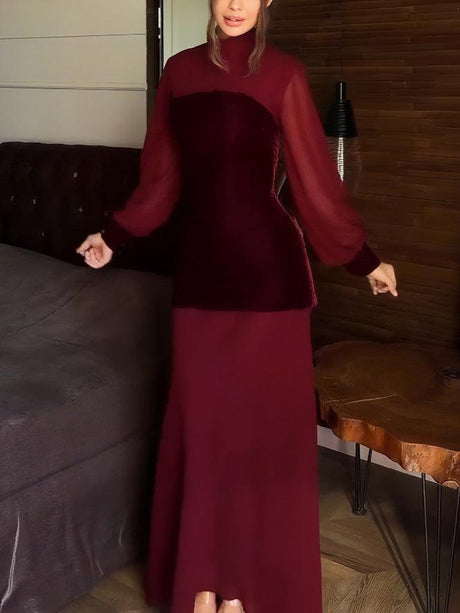 Aurohaya Elegant High Neck Velvet Panel Sheer Sleeve Maxi Dress Red