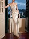 Elegant Satin Lace Panel Party Maxi Dress
