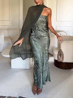 Aurohaya Elegant Satin Jacquard Strapless Maxi Dress Dark Green