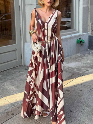 Aurohaya Unique Abstract Geometric Print Deep V-neck Fluffy Maxi Dress