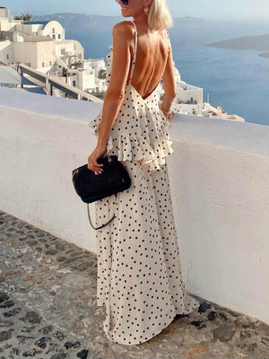 Aurohaya Casual V-neck Polka Dot Print Ruffled Maxi Dress