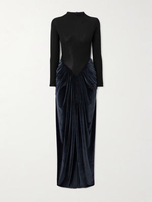 Aurohaya Elegant Long-sleeved Velvet Pleated Maxi Dress