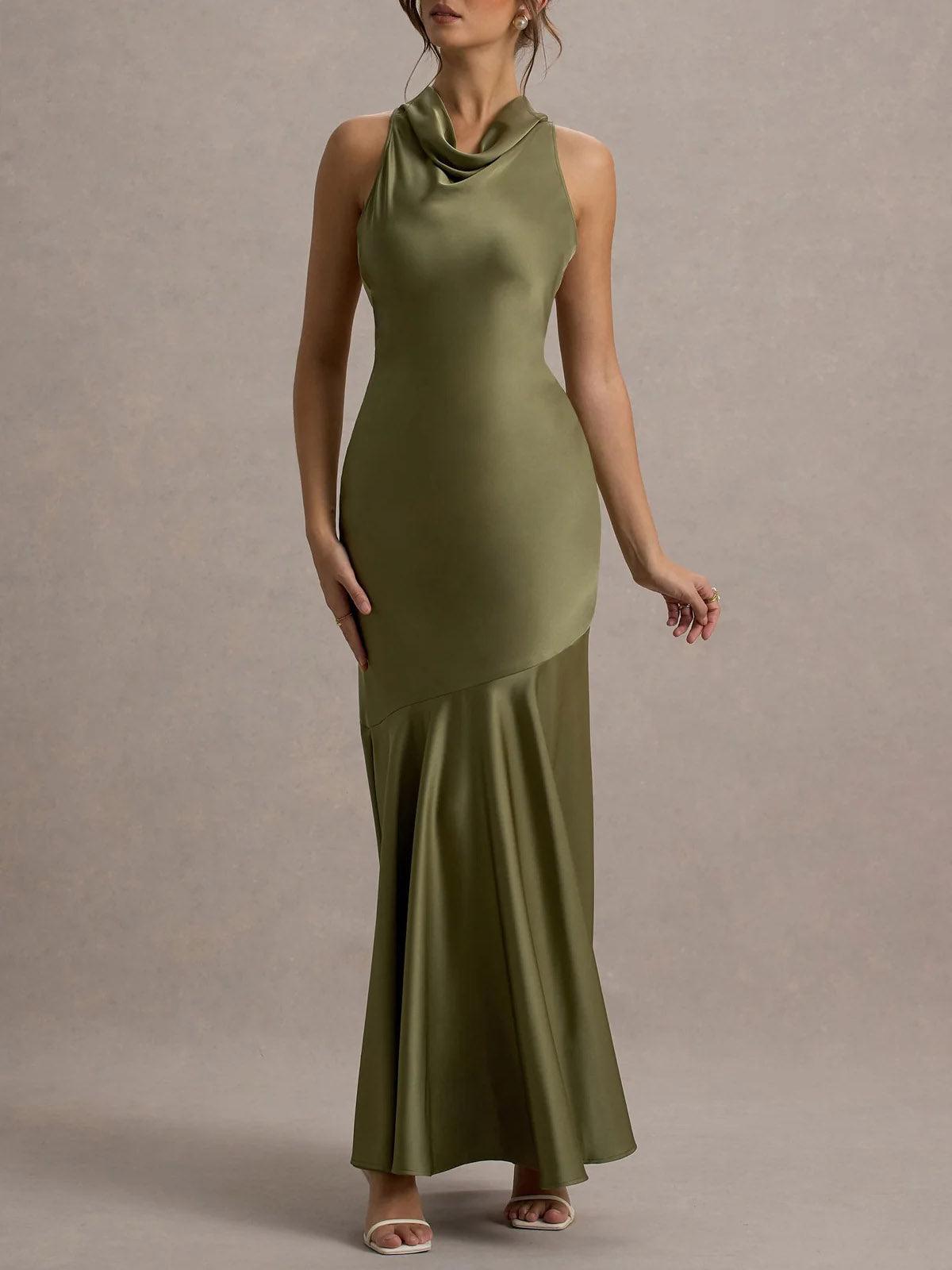 Aurohaya Elegant Satin Cowl Neck Sleeveless Mermaid Maxi Dress
