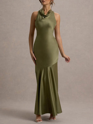 Aurohaya Elegant Satin Cowl Neck Sleeveless Mermaid Maxi Dress