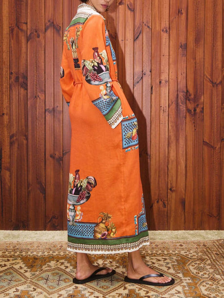 Aurohaya Classic Modern Unique Print Patchwork Loose Belted Shirt Silhouette Maxi Dress