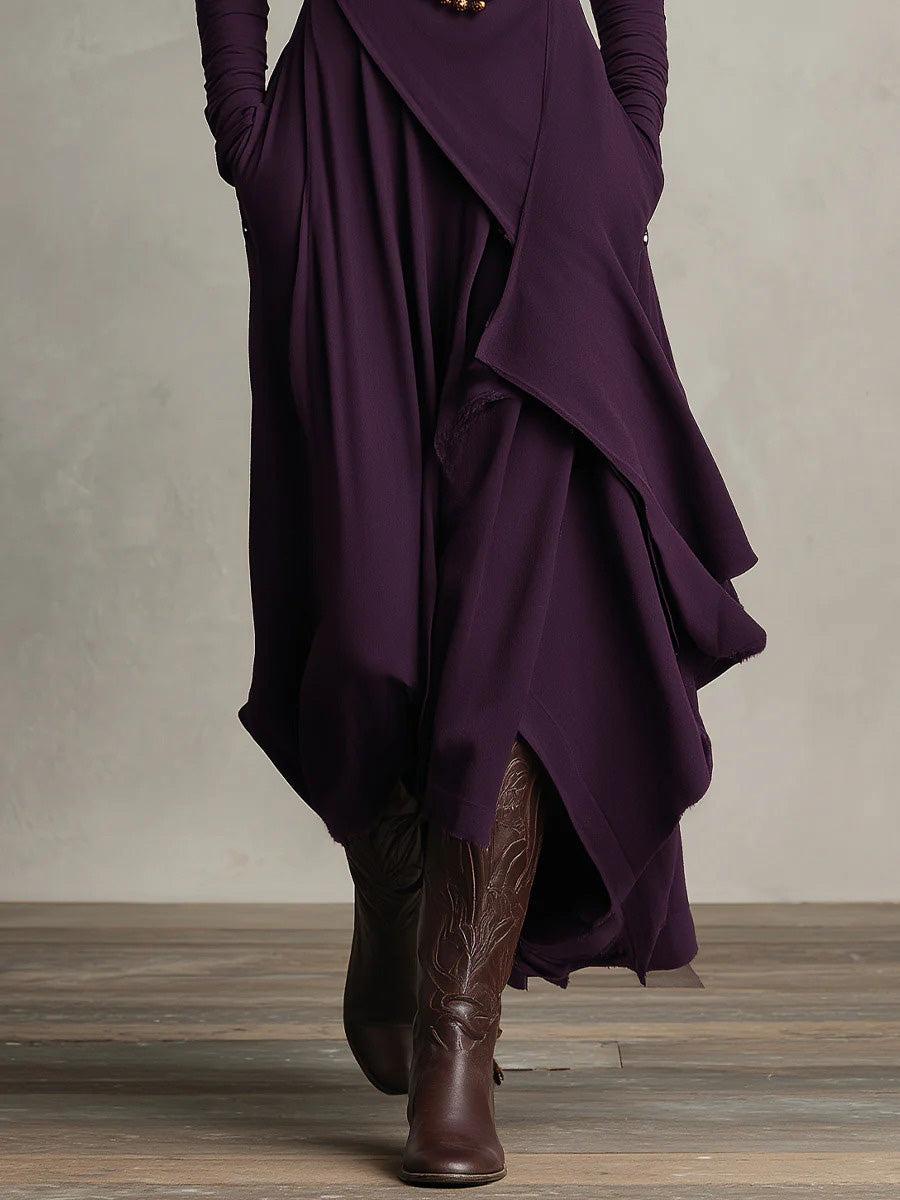 Aurohaya Elegant High-Neck Draped Asymmetrical Maxi Dress