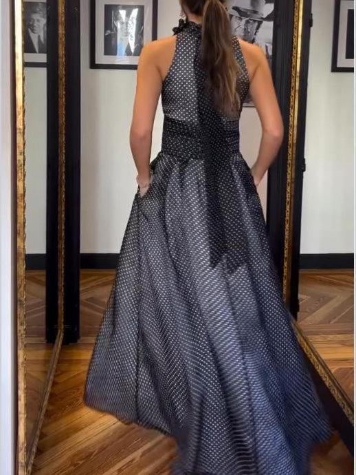 Aurohaya Elegant Halterneck Polka Dot Print Maxi Dress