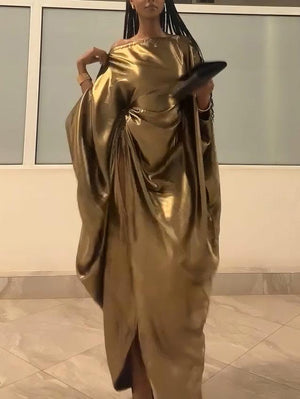 Aurohaya Elegant Metal Drawstring Bat Sleeve Robe Dress