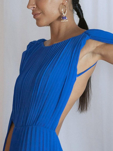 Aurohaya Elegant Open Back Ribbon Pleated Party Maxi Dress