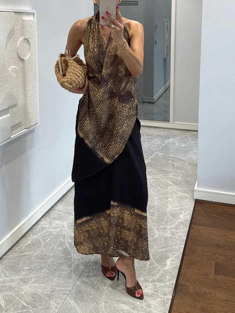 Aurohaya Back-inspired Gradient Print Asymmetrical Draped Maxi Dress Black