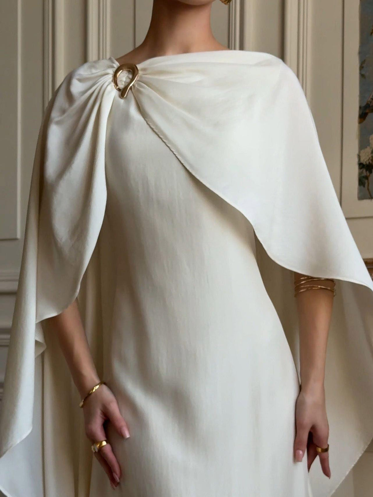 Aurohaya Elegant Pleated Flowing Cape Maxi Dress