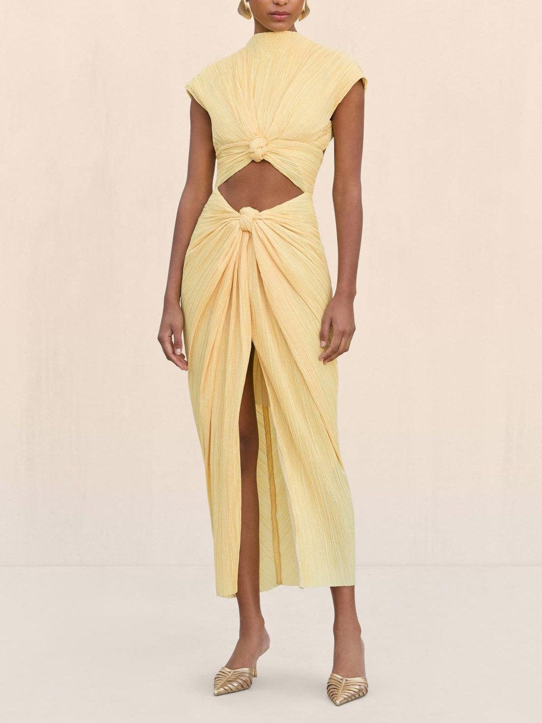 Aurohaya Elegant Pleated Cutout Slit Maxi Dress