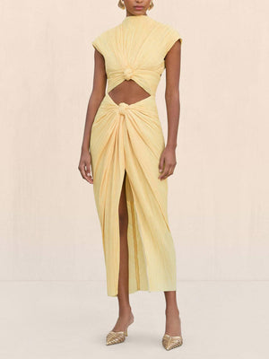Aurohaya Elegant Pleated Cutout Slit Maxi Dress