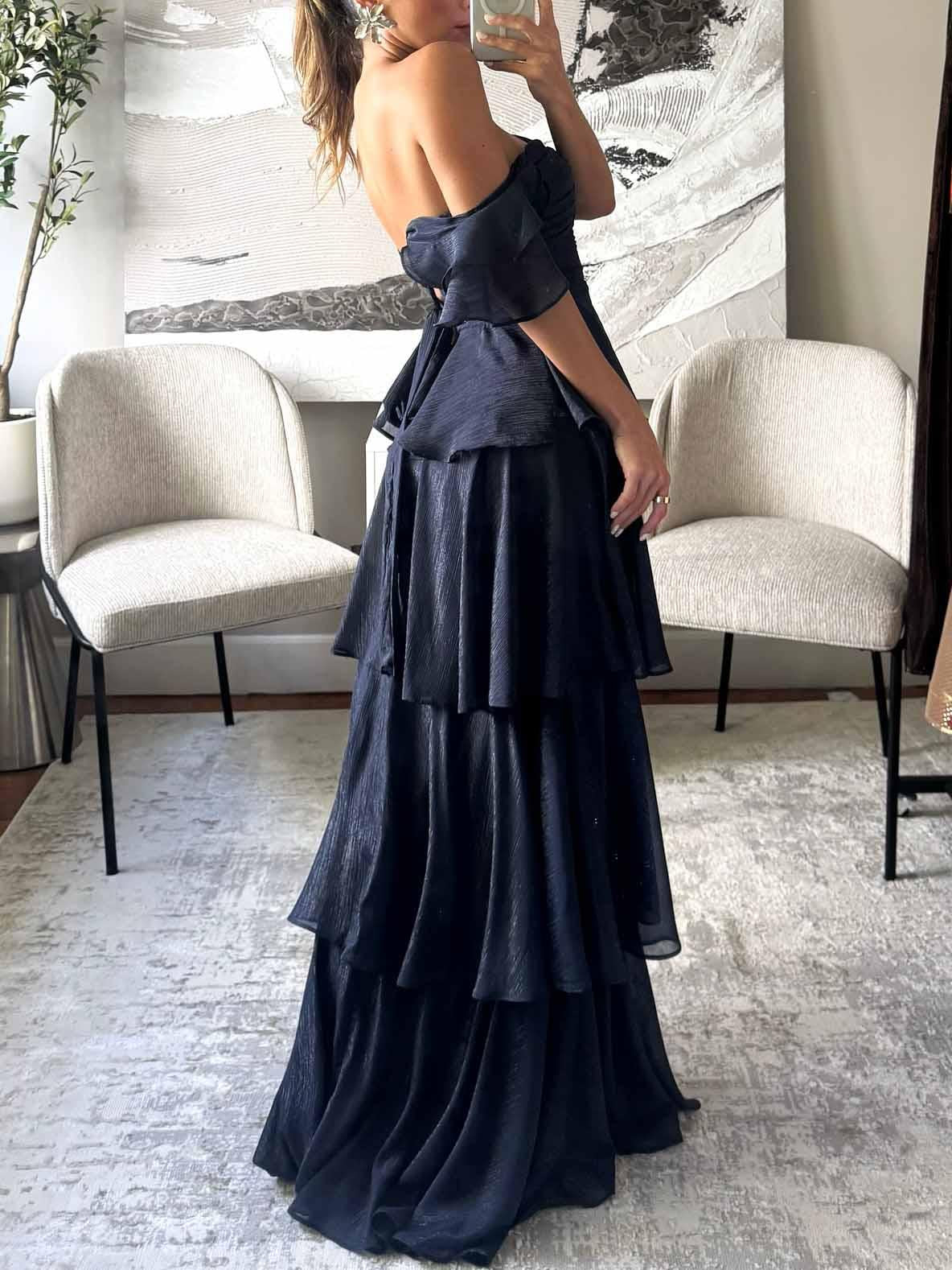 Aurohaya Elegant Off-The-Shoulder Ruffled Tiered Party Maxi Dress