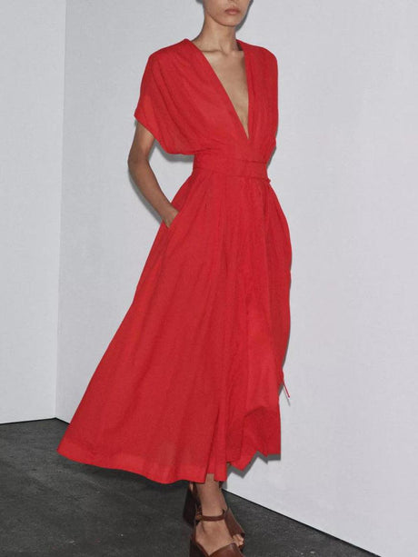 Aurohaya Elegant V-neck Drawstring Pleated Midi Dress