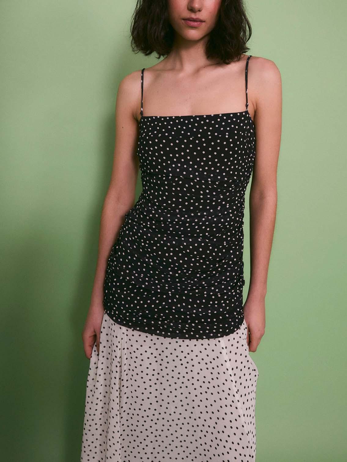 Aurohaya Elegant Contrast Polka Print Chiffon Flowy Maxi Dress
