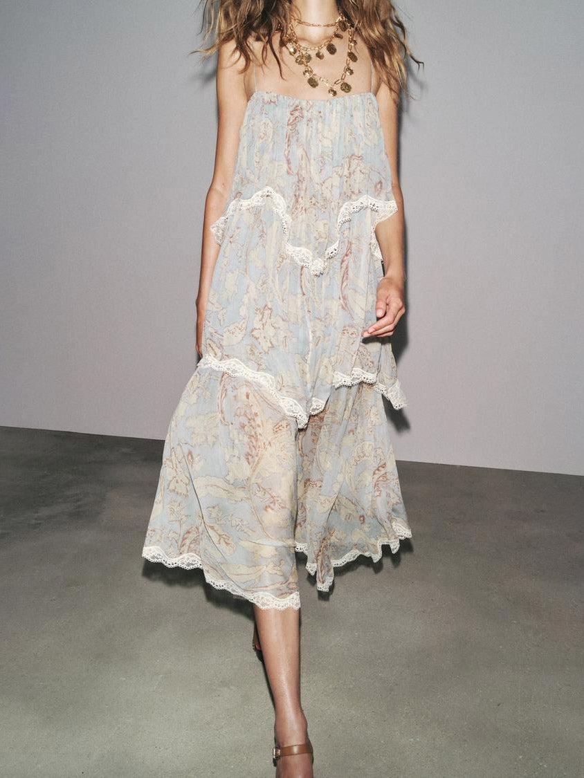 Aurohaya Retro Floral-Print Tiered Lace-Paneled Chiffon Maxi Dress Blue