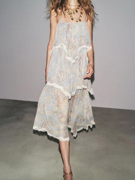 Aurohaya Retro Floral-Print Tiered Lace-Paneled Chiffon Maxi Dress Blue