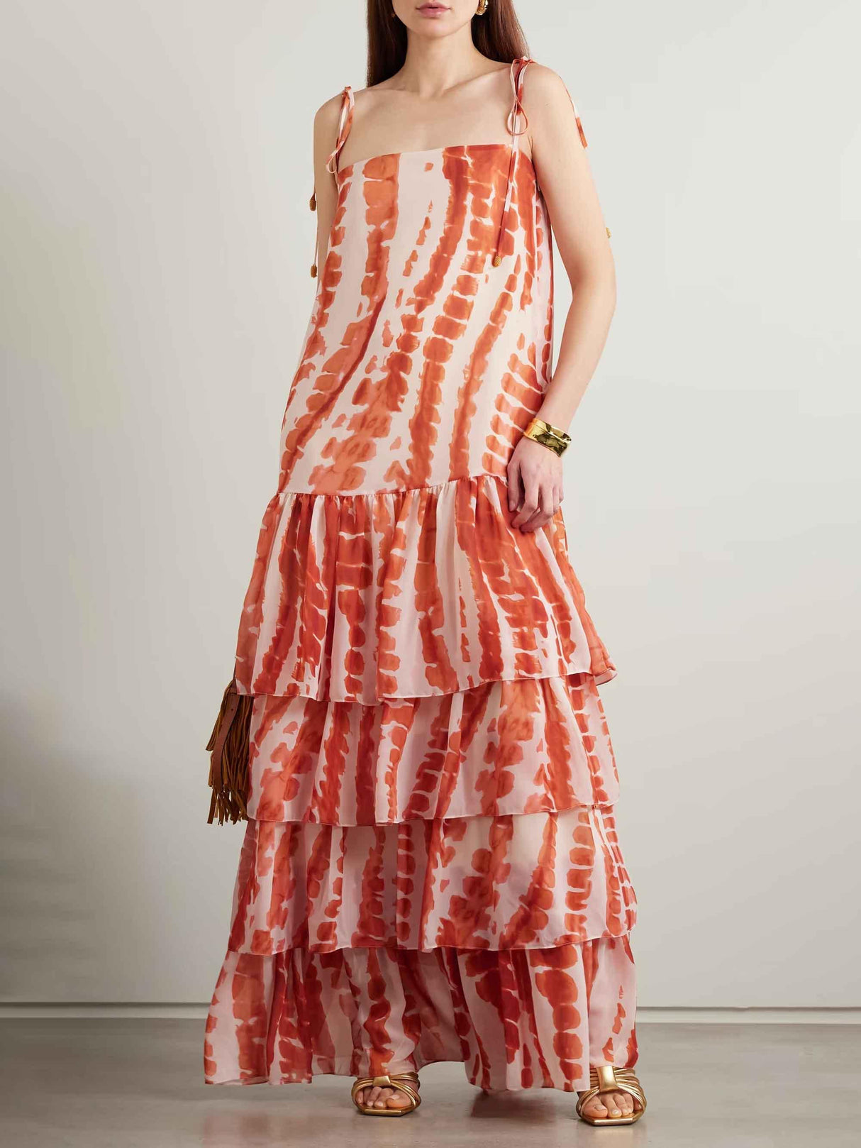 Aurohaya Exquisite Tie-dye Floral Print Lace-up Split Maxi Dress Orange