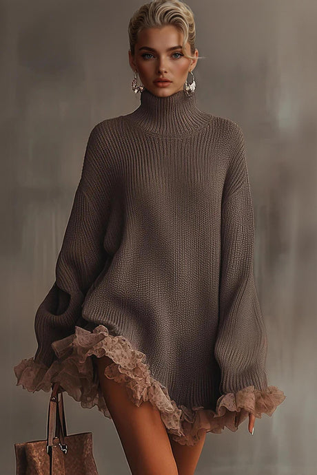 Aurohaya Fashion Solid Color Turtleneck Long-sleeved Loose Ruffle Knit Mini Dress Ash